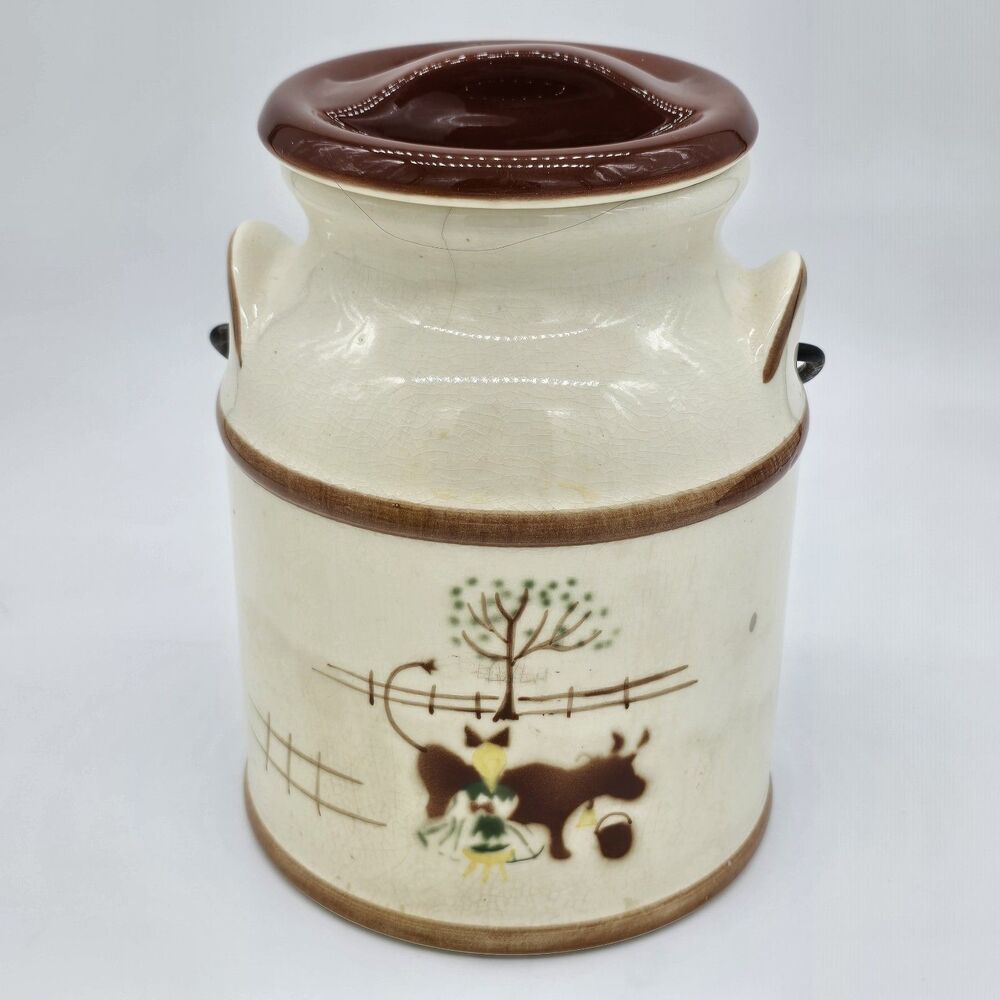 Antique Stoneware Pottery Milk Pail Cookie Jar Metal Handle Cow and Girl